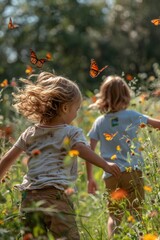 Two children joyfully chasing butterflies in a vibrant flower field, capturing the essence of carefree childhood and nature exploration.