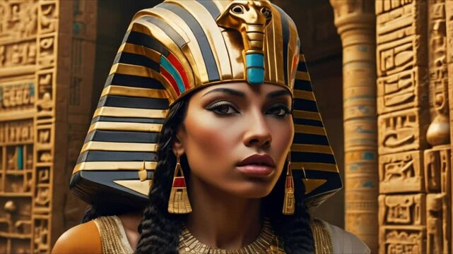 A regal Cleopatra, alluring and powerful, wears gold jewellry, has wise and charming eyes, and ebony hair. The headdress, still majestic despite its weathered state, reflects the queen's legacy.