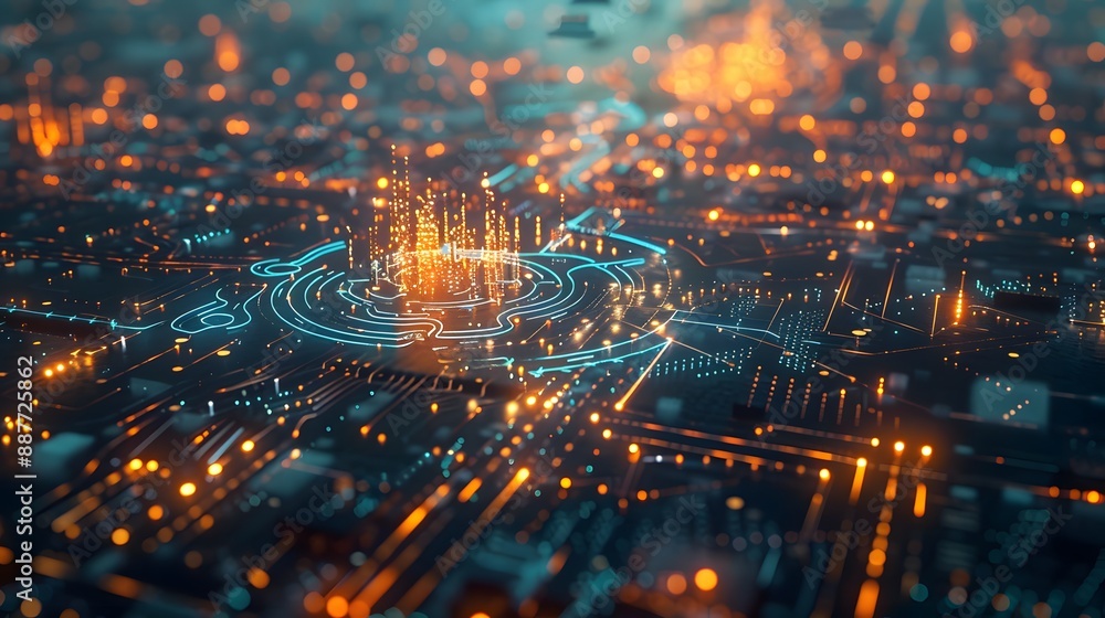 Poster a digital cityscape with glowing pathways and nodes illustrating the intricate layout and connection