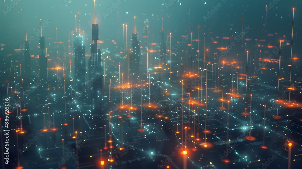 Poster a digital cityscape with glowing pathways and nodes illustrating the intricate layout and connection