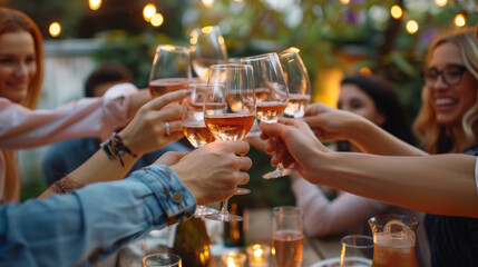 Friends gathering outdoors for a joyful backyard dinner party.