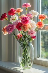 A beautiful bouquet of colorful carnations in a clear glass vase placed by a sunny window, adding a touch of freshness to the room.