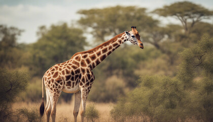 Obraz premium A giraffe feeding on treetops in the savanna, midday sun 