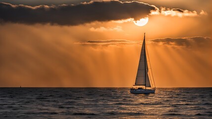 Calm sea, Sailboat sailing far away, Generative AI