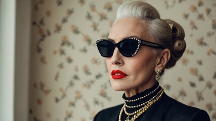 Stylish elderly woman wearing black sunglasses, red lipstick, and jewelry, posing against a floral wallpaper background.
