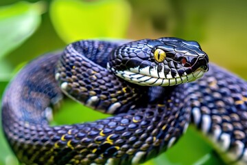 Fototapeta premium big snake, close-up of head and body, green leaves in background, macro photography,