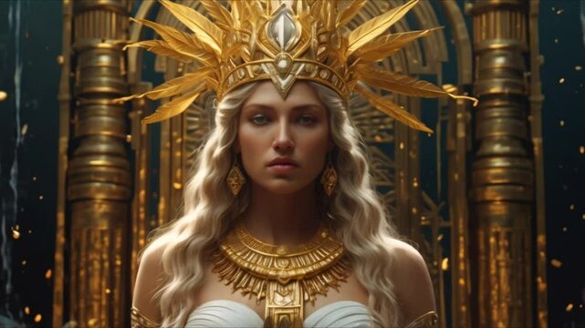 Hera is a powerful and beautiful goddess in Greek mythology. Her flowing robes shimmer with gold threads, and her gaze exudes authority and wisdom. Her crown is decorated with symbols of her divine