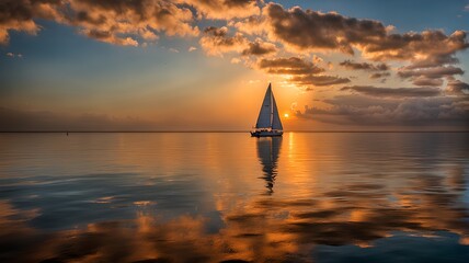 Calm sea, Sailboat sailing far away, Generative AI