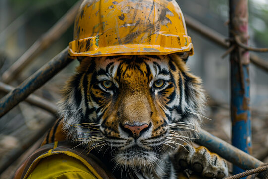 Created with generative AI image of a lion animal working as a firefighter - Powered by Adobe