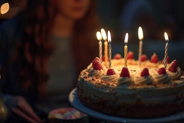 Fototapeta premium Birthday party with beautiful tasty cake and candles, full family kids pets friends, Generative AI