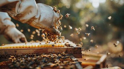 Beekeeping, caring for bees, working with honey, a beekeeper's hand surrounded by bees.