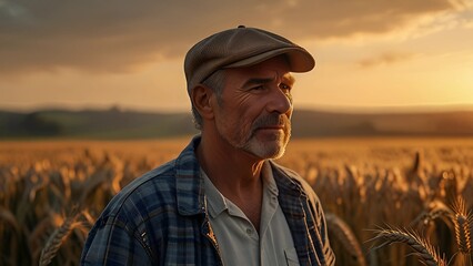Rural Idyll: A rustic scene of a farmer surveying their bountiful wheat field at golden hour, capturing the essence of tranquility and the simple joys of rural life.