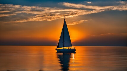 Fototapeta premium Calm sea, Sailboat sailing far away, Generative AI