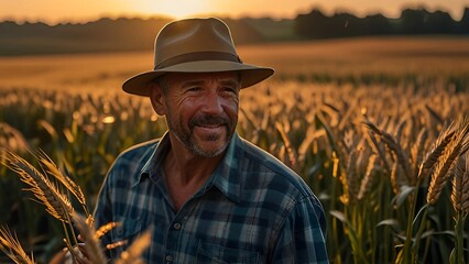 Rural Idyll: A rustic scene of a farmer surveying their bountiful wheat field at golden hour, capturing the essence of tranquility and the simple joys of rural life.