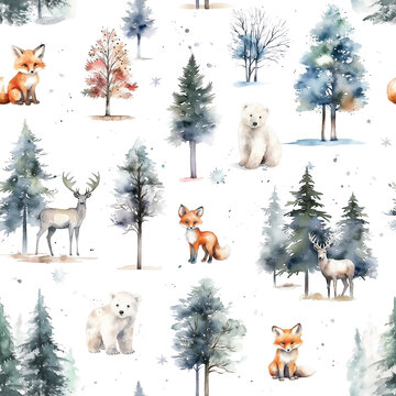 Watercolor Christmas seamless pattern with winter animals and trees isolated on white background.