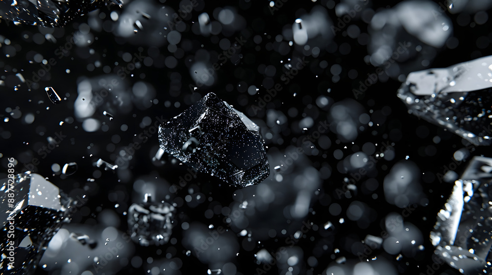 Wall mural small particles of gray crystals floating on a black background