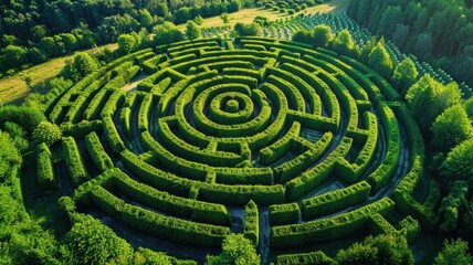 Naklejka premium A mesmerizing aerial view of a large green hedge maze surrounded by lush trees on a sunny day, capturing the beauty of nature.