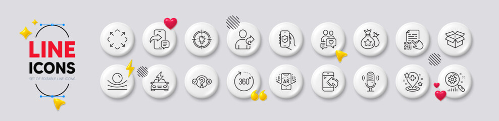 Microphone, Incoming call and Loyalty points line icons. White buttons 3d icons. Pack of Car charging, Idea, Quiz test icon. Dating chat, Augmented reality, Refer friend pictogram. Vector