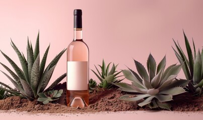 rose wine bottle mockup, on top of dirt with agave plants around the base, pink background, studio lighting, high resolution photography, insanely detailed, fine details, isolated plain