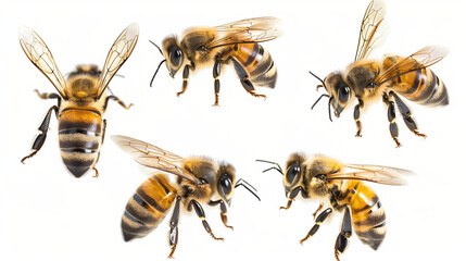 Set of five bees isolated on a white background.