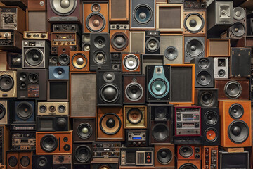 pattern of a wall full of different retro and vintage speakers, music wall, sound equipment, photorealistic // ai-generated