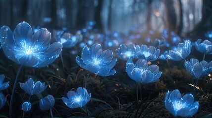 Naklejka premium Enchanted forest glowing with ethereal blue flowers, creating a magical and mystical ambiance, perfect for fantasy-themed visuals.