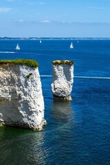 White Cliffs of Old Harry Rocks Jurassic Coast from a drone, Dorset Coast, Poole, England