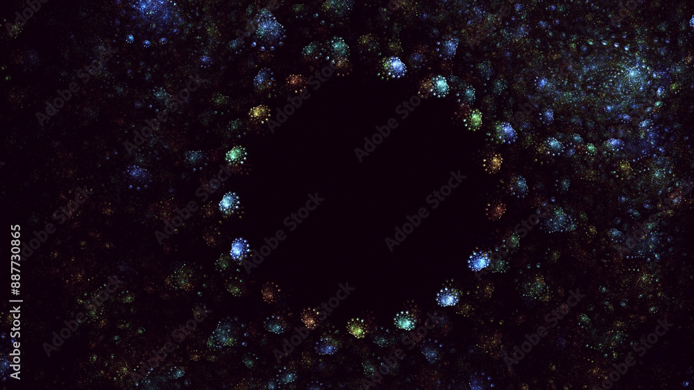 Poster 3d rendering abstract multicolored fractal light background with bright center. its not ai generatd 