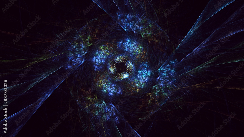 Poster 3d rendering abstract multicolored fractal light background with bright center. its not ai generatd 