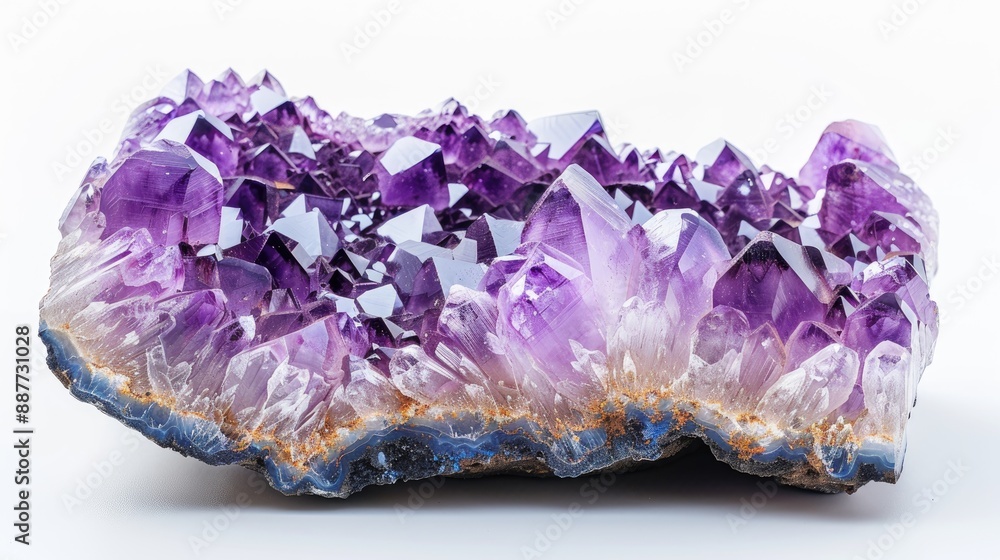 Poster close up amethyst geode on white background with space for text