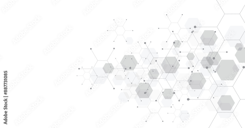 Poster Vector hexagon technology on a white background. Abstract hexagons background with lines and dots. Design for science, medicine, or technology.