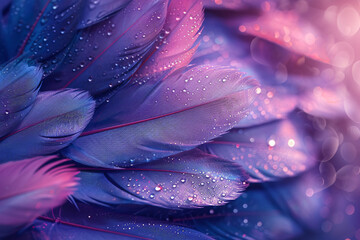 Fototapeta premium Close up of beautiful purple and blue feather texture background, macro photography, copy space concept. Abstract wallpaper design for fashion
