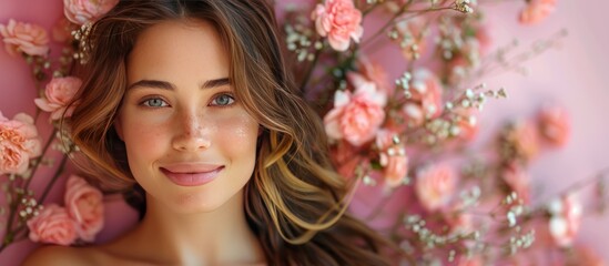Fototapeta premium Woman with Flowers and Pink Background