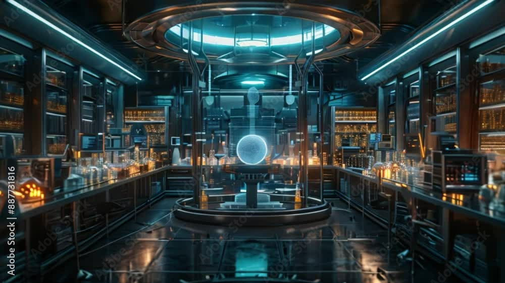 Poster a futuristic lab with ai and human scientists working on a project. the room is filled with advanced