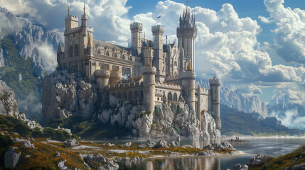 A castle is shown in the distance with a body of water in the foreground. The castle is surrounded by rocks and he is a fortress. The sky is cloudy, giving the scene a moody and mysterious atmosphere