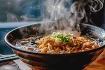 Delicious bowl of noodles emitting steam, A bowl of steaming hot ramen A bowl of steaming hot ramen, Ai generated
