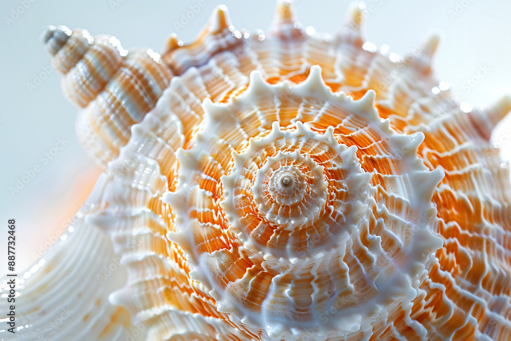 Poster close-up of the center view inside an open sea shell, showcasing its spiral pattern and rich colorat