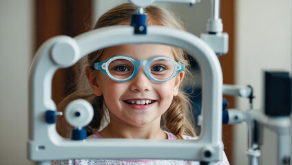 A little girl wearing blue glasses, smiling during an eye examination.