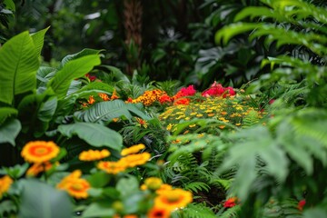 Lush tropical garden with vibrant flowers in full bloom, A burst of color amidst a sea of greenery decorated with flower , AI generated