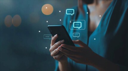 A woman is holding a cell phone with a blue background and a lot of text on it. The text is in different colors and shapes, and it is a social media feed. Scene is busy and overwhelming