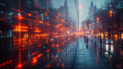 City street with a digital network overlay and bright, glowing elements. Data protection and cyber security concept. Modern life. Constantly connected, consuming data.