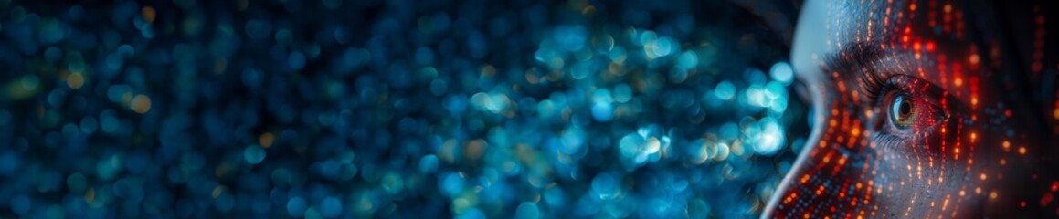 Close-up of a woman's face with a digital network overlay and bright, glowing elements. Cyber security and data protection via AI. Banner image in a wide format. Rise of Artificial Intelligence.