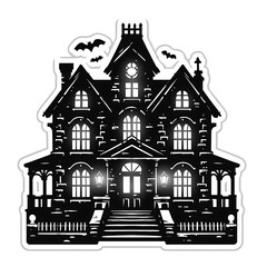 Silhouette haunted house with lit windows and bats. Black and white Halloween sticker isolated on white background. Horror and monster stickers concept