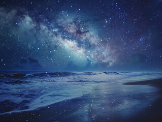 Naklejka premium Starry night sky over tranquil ocean waves on a secluded beach with Milky Way galaxy