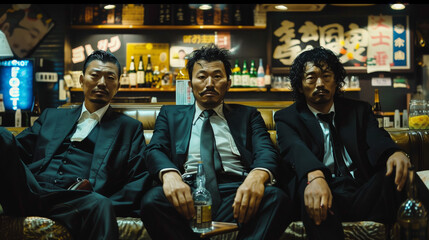 Three men in dark suits, identified as members of the Yakuza, sit in a bar with a serious demeanor. The bar's ambiance, with bottles and Japanese signage, adds to the intense and gritty atmosphere
