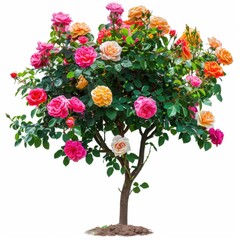 Fototapeta premium Exquisite Multi-Colored Rose Bush in Full Bloom on White Background - High-Definition Floral Beauty
