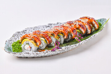 Unagi rolls set in a porcelain dish ready to eat