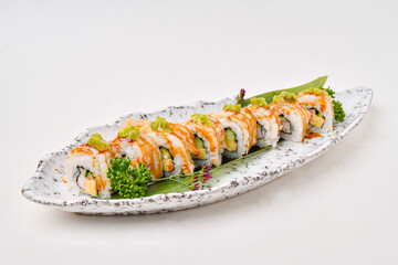 Engawa rolls set in a porcelain dish ready to eat