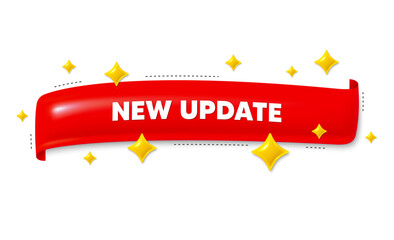 Red ribbon banner with 3d stars. New update. New arrival sign. Advertising offer symbol. New update ribbon message. Flag frame banner with star. Label badge template. Vector