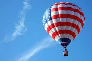 Naklejka premium A vibrant hot air balloon, adorned with the colors and design of the American flag, ascends majestically through a clear blue sky.
